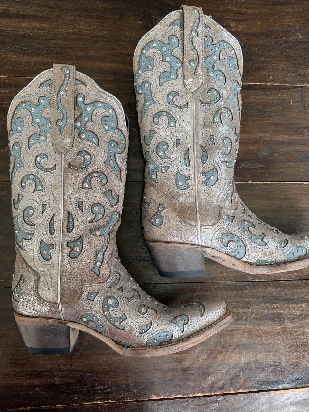 J.B. Dillon Taupe Western Boots with Teal Embroidery